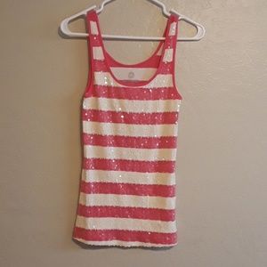 Fun pink striped bedazzled tank EUC